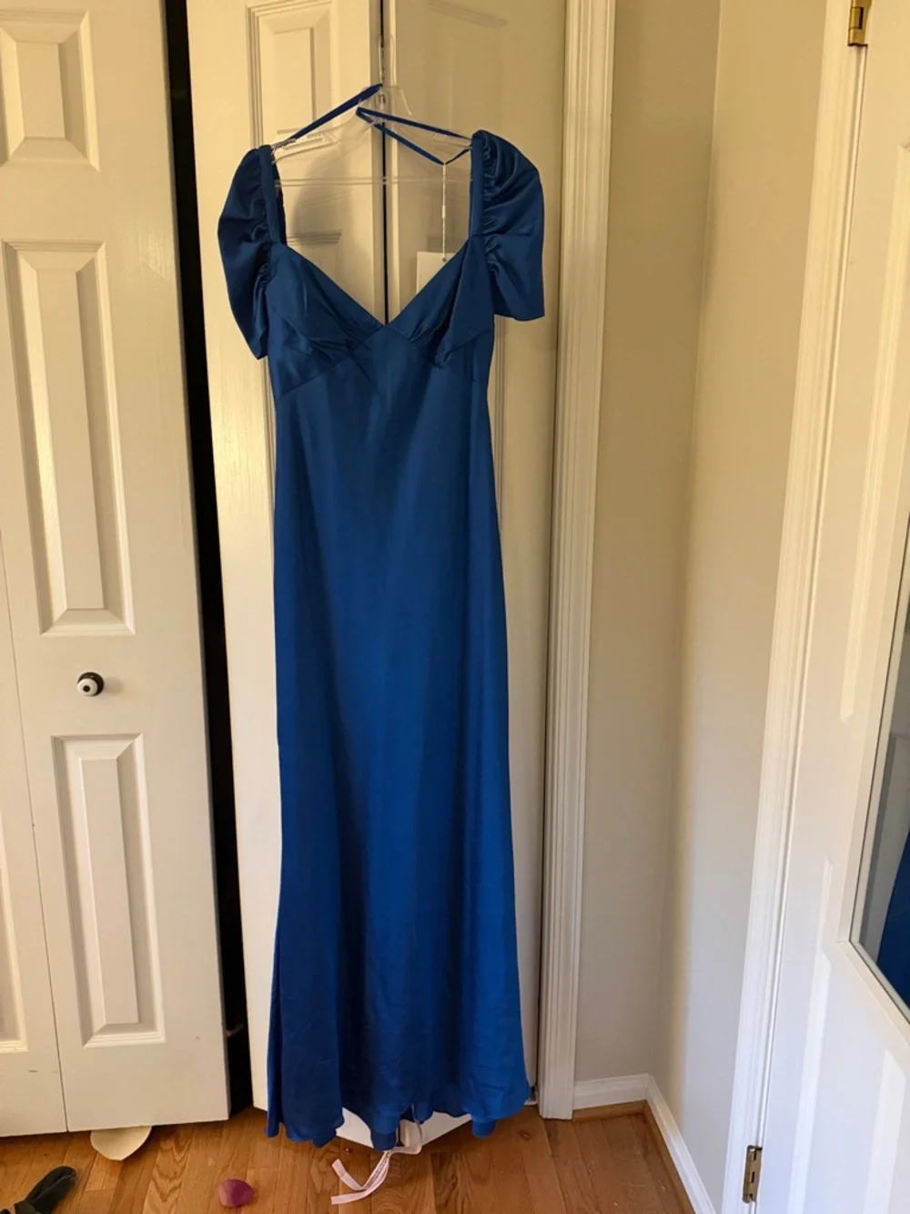 Mac Duggal Royal Blue Satin Maxi Dress with Puff Sleeves - Picture 1 of 4